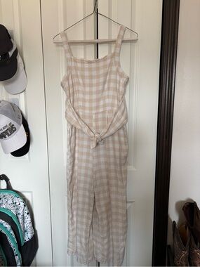 Beige Gingham Sleeveless Jumpsuit
